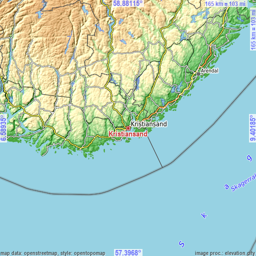 Topographic map of Kristiansand