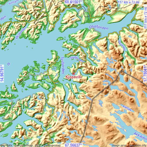 Topographic map of Kjøpsvik