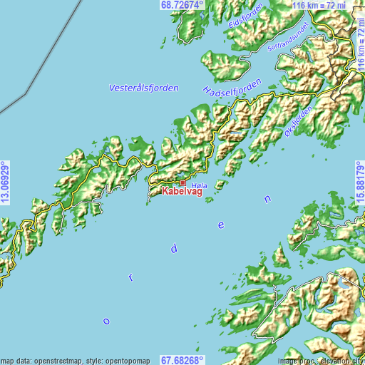 Topographic map of Kabelvåg