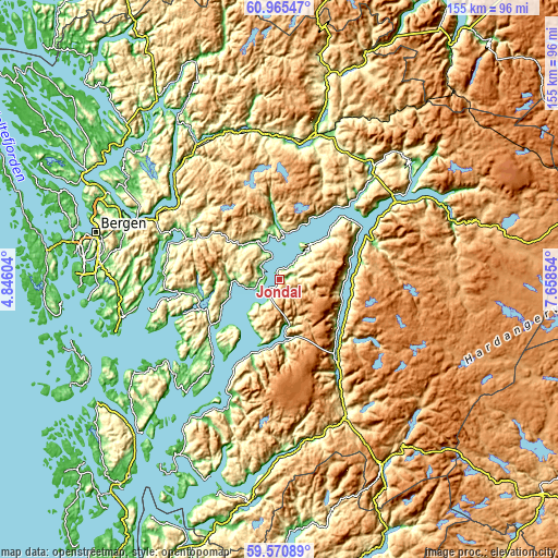 Topographic map of Jondal