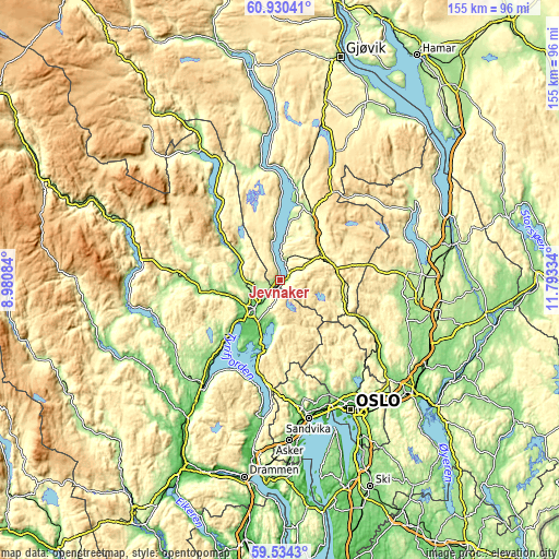 Topographic map of Jevnaker