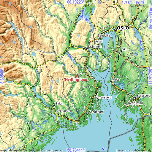 Topographic map of Hvittingfoss