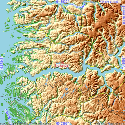 Topographic map of Høyanger