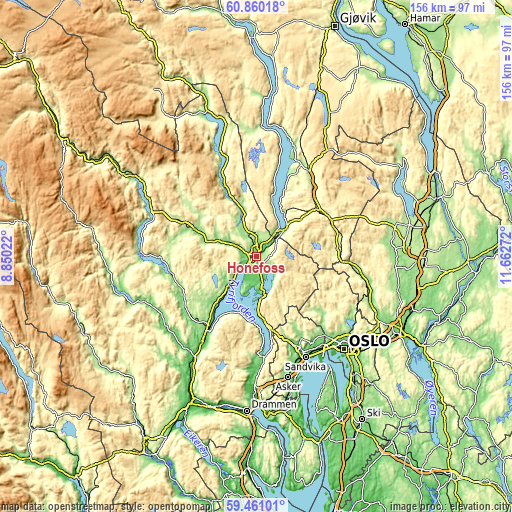 Topographic map of Hønefoss