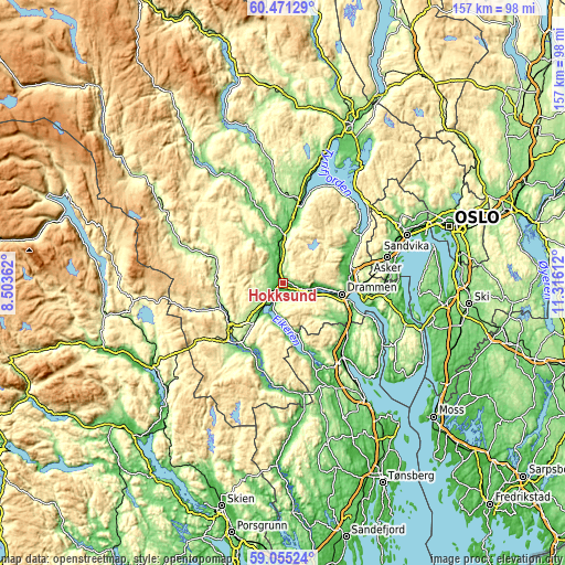 Topographic map of Hokksund