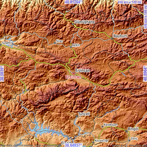 Topographic map of Erzincan