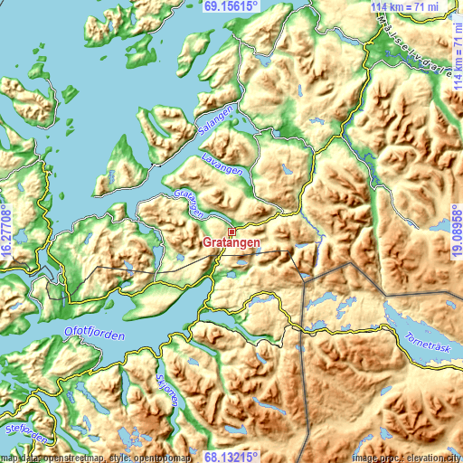 Topographic map of Gratangen