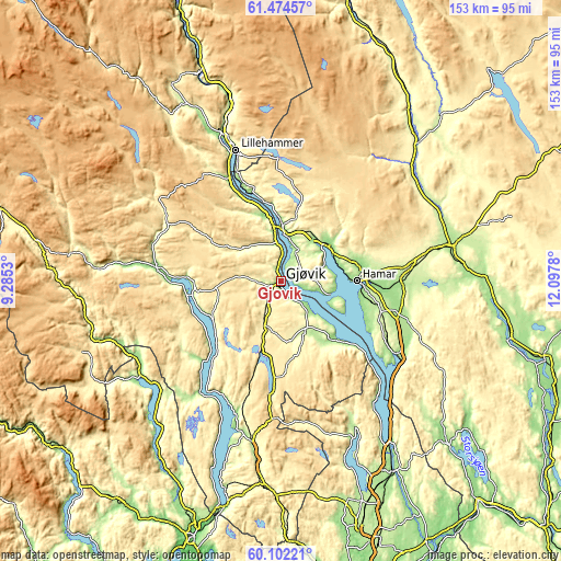 Topographic map of Gjøvik