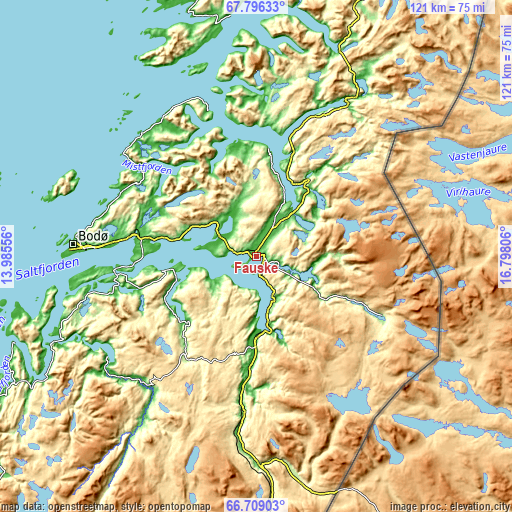 Topographic map of Fauske