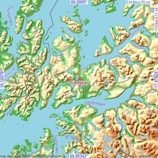 Topographic map of Evenskjer