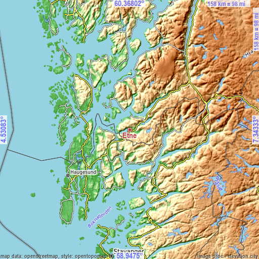 Topographic map of Etne