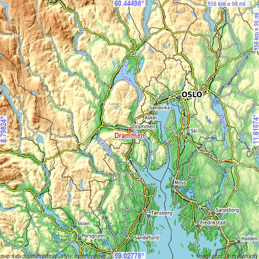 Topographic map of Drammen