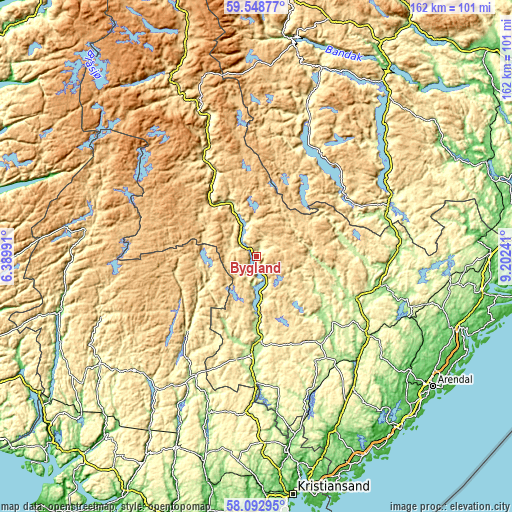 Topographic map of Bygland