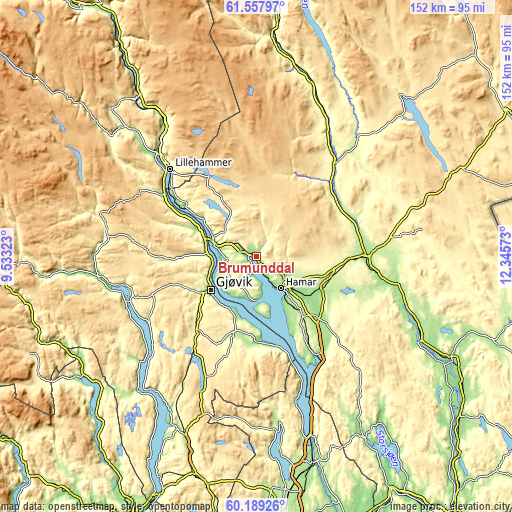 Topographic map of Brumunddal