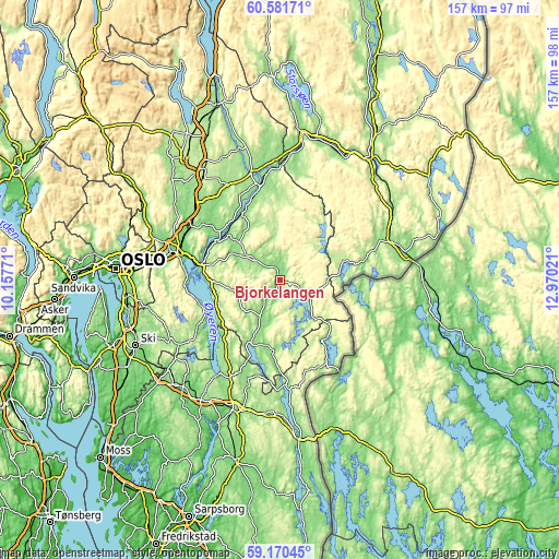 Topographic map of Bjørkelangen