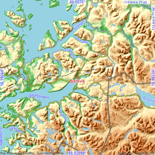 Topographic map of Bjerkvik