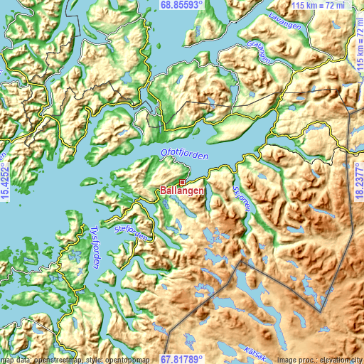 Topographic map of Ballangen