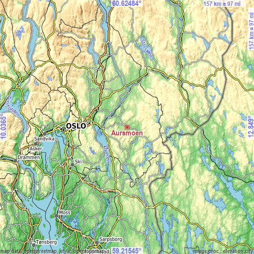 Topographic map of Aursmoen