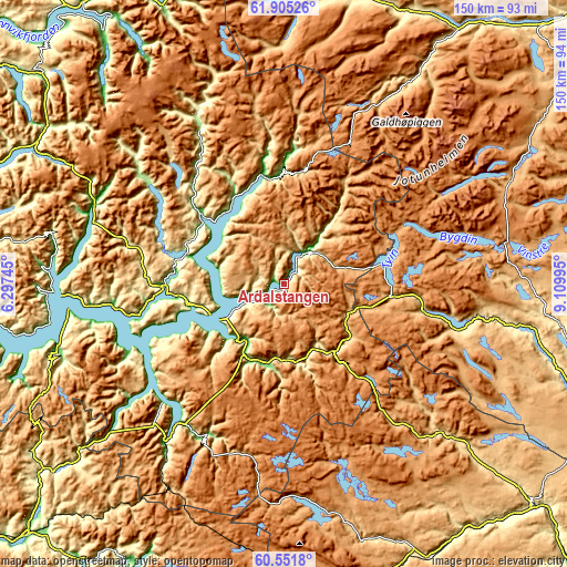 Topographic map of Årdalstangen