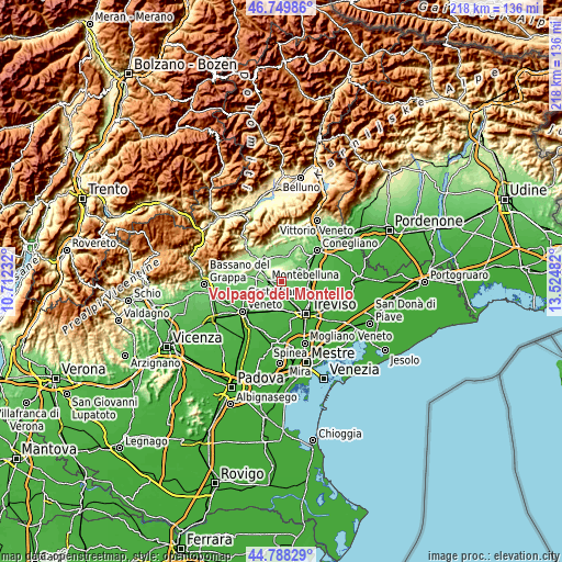 Topographic map of Volpago del Montello