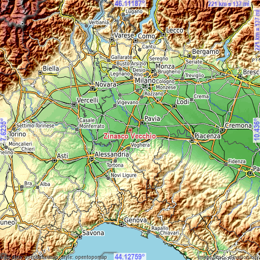 Topographic map of Zinasco Vecchio