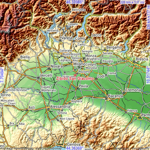 Topographic map of Zibido San Giacomo