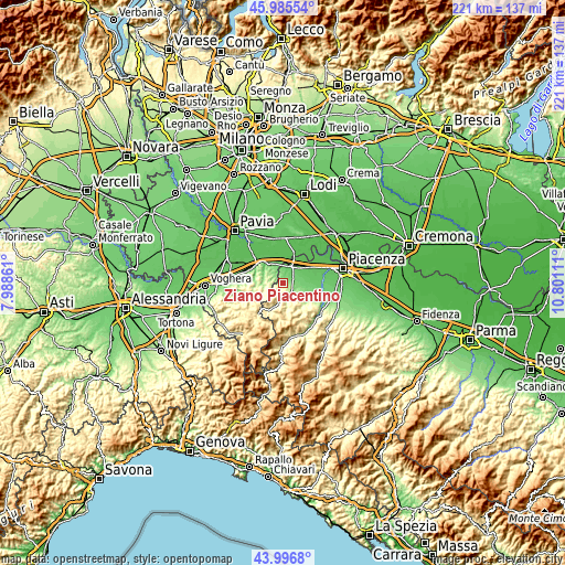 Topographic map of Ziano Piacentino