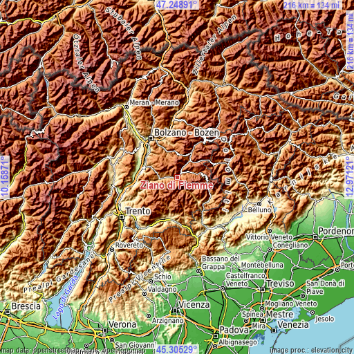 Topographic map of Ziano di Fiemme