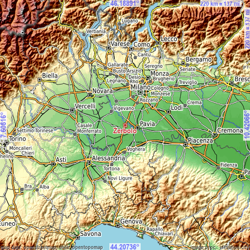 Topographic map of Zerbolò