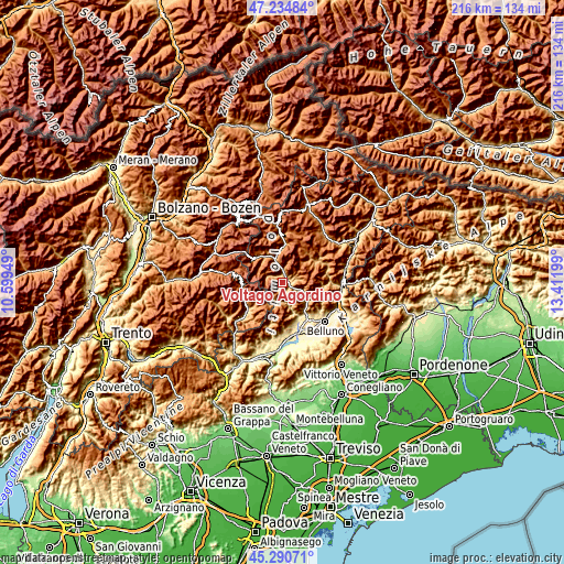 Topographic map of Voltago Agordino