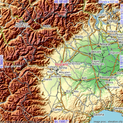Topographic map of Volpiano
