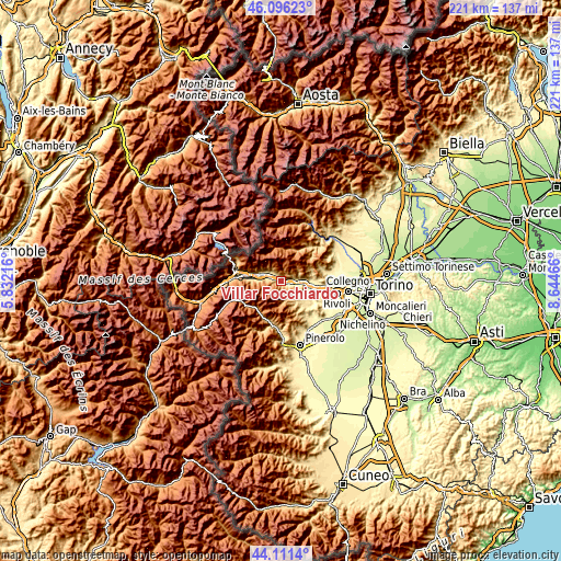 Topographic map of Villar Focchiardo