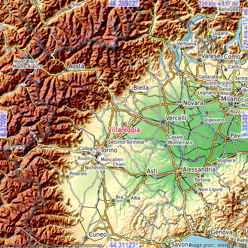 Topographic map of Villareggia