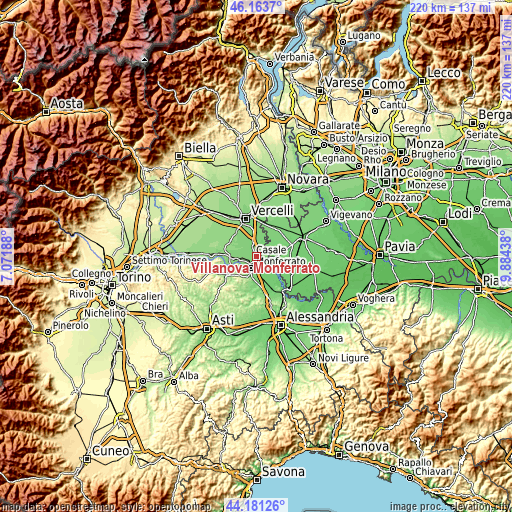 Topographic map of Villanova Monferrato