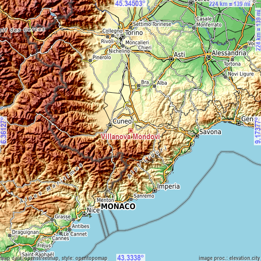 Topographic map of Villanova Mondovì