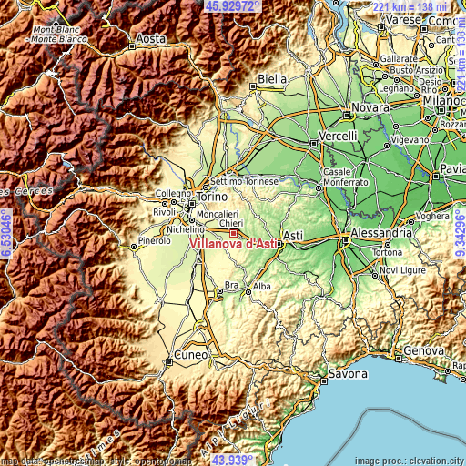 Topographic map of Villanova d'Asti