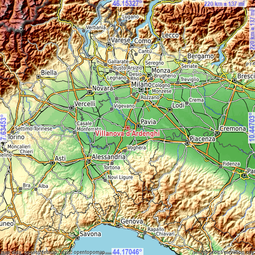 Topographic map of Villanova d'Ardenghi