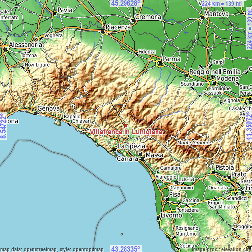 Topographic map of Villafranca in Lunigiana