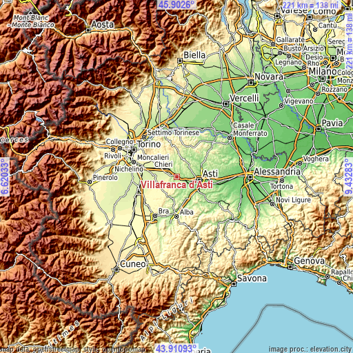 Topographic map of Villafranca d'Asti