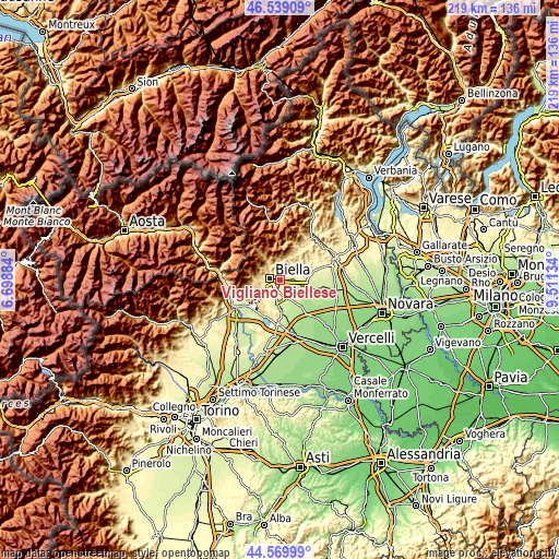 Topographic map of Vigliano Biellese