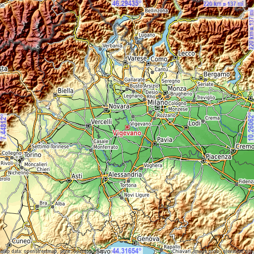 Topographic map of Vigevano