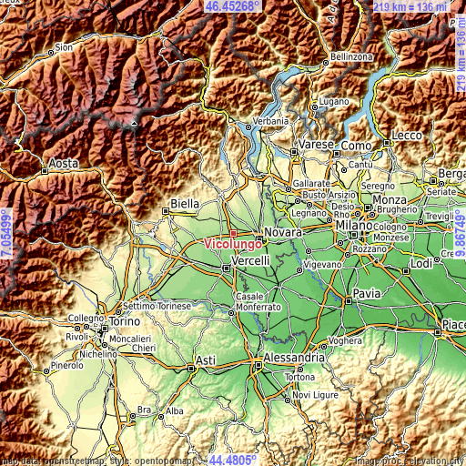 Topographic map of Vicolungo