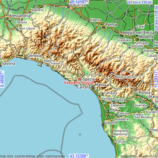 Topographic map of Vezzano Ligure