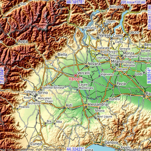 Topographic map of Vercelli