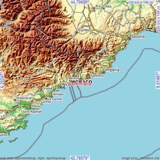 Topographic map of Ventimiglia