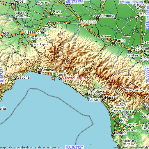 Topographic map of Varese Ligure