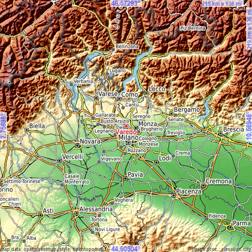 Topographic map of Varedo