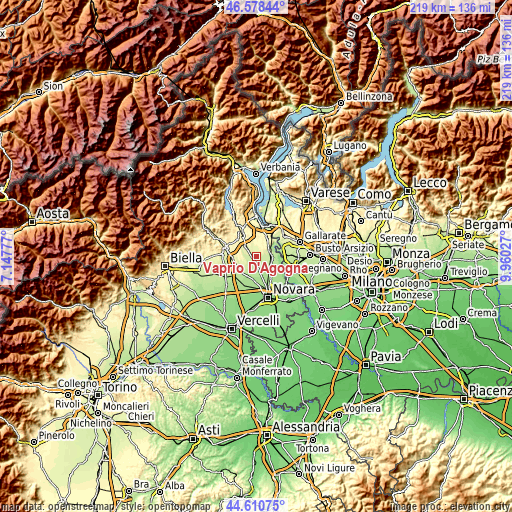 Topographic map of Vaprio D'Agogna