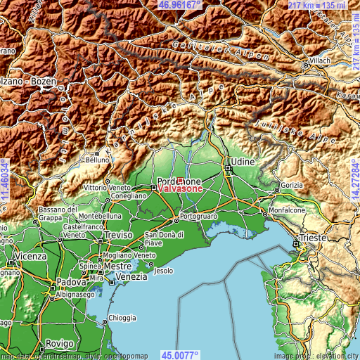 Topographic map of Valvasone