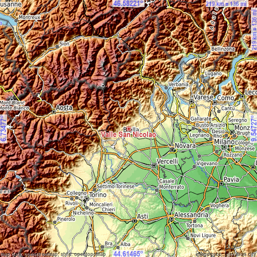 Topographic map of Valle San Nicolao